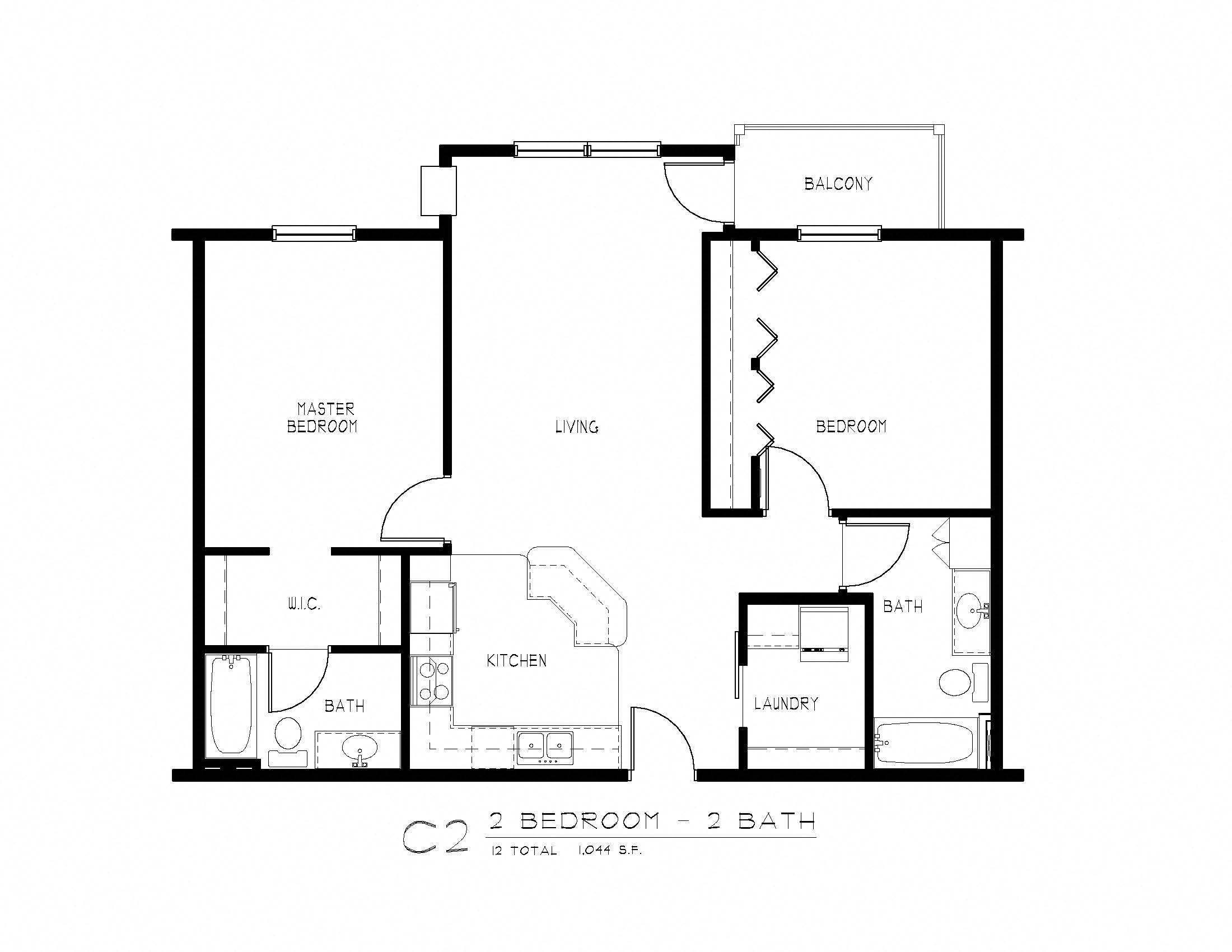 Floor plan for 2 beds, 2 baths, 1240 sqft